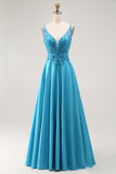 Blue A-Line Tie Back Long Prom Dress with Beading