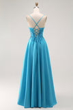 Blue A-Line Tie Back Long Prom Dress with Beading