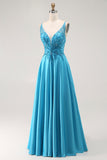 Blue A-Line Tie Back Long Prom Dress with Beading