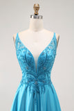 Blue A-Line Tie Back Long Prom Dress with Beading