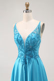 Blue A-Line Tie Back Long Prom Dress with Beading