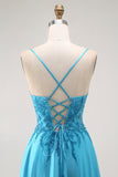 Blue A-Line Tie Back Long Prom Dress with Beading
