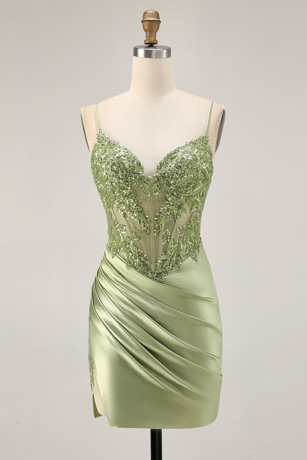 WEDTREND Women Sage Green Tight Homecoming Dress with Appliques Spaghetti Straps Ruched Corset Cocktail Dress WEDTREND Women Sage Green Tight Homecoming Dress with Appliques Spaghetti Straps Ruched Corset Cocktail Dress
