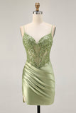 Sage Green Spaghetti Straps Ruched Corset Tight Homecoming Dress with Appliques