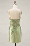 Sage Green Spaghetti Straps Ruched Corset Tight Homecoming Dress with Appliques