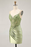 Sage Green Spaghetti Straps Ruched Corset Tight Homecoming Dress with Appliques