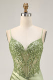 Sage Green Spaghetti Straps Ruched Corset Tight Homecoming Dress with Appliques