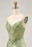 Sage Green Spaghetti Straps Ruched Corset Tight Homecoming Dress with Appliques