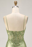 Sage Green Spaghetti Straps Ruched Corset Tight Homecoming Dress with Appliques