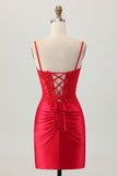 Dark Red Beaded Short Tight Homecoming Dress with Lace Up Back