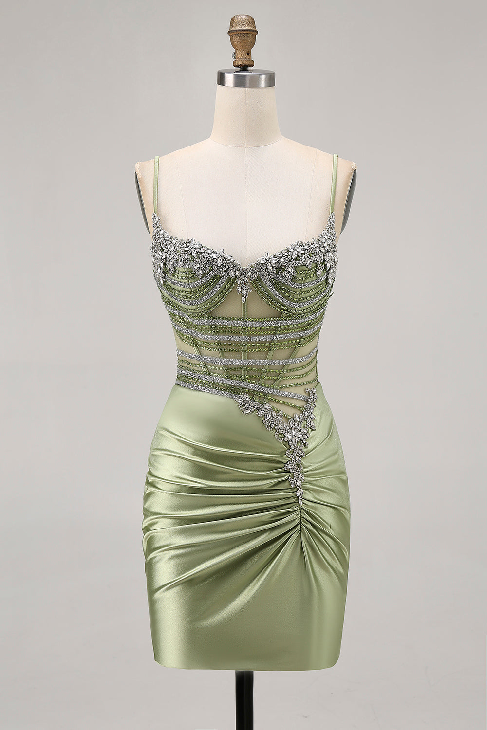 Wedtrend Women Sage Green Satin Homecoming Dress with Beading Corset Tight Ruched Short Cocktail Dress, Sage Green / US14 Wedtrend Women Sage Green Satin Homecoming Dress with Beading Corset Tight Ruched Short Cocktail Dress, Sage Green / US14