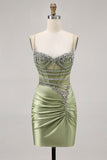 Sage Green Corset Tight Ruched Short Homecoming Dress with Rhinestones