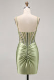Sage Green Corset Tight Ruched Short Homecoming Dress with Rhinestones