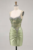 Sage Green Corset Tight Ruched Short Homecoming Dress with Rhinestones