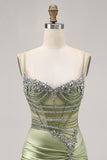 Sage Green Corset Tight Ruched Short Homecoming Dress with Rhinestones