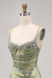 Sage Green Corset Tight Ruched Short Homecoming Dress with Rhinestones