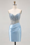 Blue Strapless Satin Beaded Corset Tight Homecoming Dress