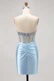 Blue Strapless Satin Beaded Corset Tight Homecoming Dress