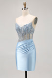 Blue Strapless Satin Beaded Corset Tight Homecoming Dress