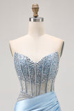 Blue Strapless Satin Beaded Corset Tight Homecoming Dress