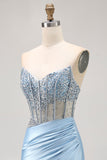 Blue Strapless Satin Beaded Corset Tight Homecoming Dress