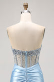 Blue Strapless Satin Beaded Corset Tight Homecoming Dress