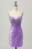 Sparkly Bodycon Strapless Corset Ruched Sequins Purple Short Homecoming Dress