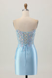 Sparkly Light Blue Bodycon Strapless Corset Ruched Short Homecoming Dress with Sequins