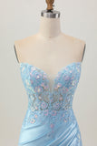 Sparkly Light Blue Bodycon Strapless Corset Ruched Short Homecoming Dress with Sequins