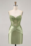 Green Bodycon Corset Sequins Short Homecoming Dress with Appliques