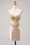 Champagne Corset Satin Bodycon Sequins Homecoming Dress with Beading