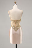 Champagne Corset Satin Bodycon Sequins Homecoming Dress with Beading