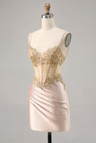 Champagne Corset Satin Bodycon Sequins Homecoming Dress with Beading