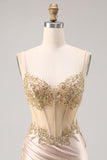 Champagne Corset Satin Bodycon Sequins Homecoming Dress with Beading