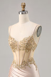 Champagne Corset Satin Bodycon Sequins Homecoming Dress with Beading