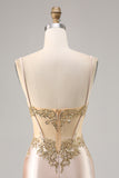Champagne Corset Satin Bodycon Sequins Homecoming Dress with Beading