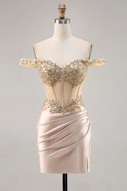 Champagne Bodycon Off The Shoulder Corset Satin Homecoming Dress with Sequins