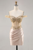 Champagne Bodycon Off The Shoulder Corset Satin Homecoming Dress with Sequins