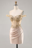 Champagne Bodycon Off The Shoulder Corset Satin Homecoming Dress with Sequins