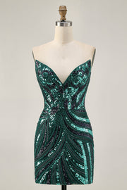Dark Green Sparkly Strapless Sequins Tight Homecoming Dress
