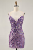 Sparkly Sequins Purple Strapless Tight Short Homecoming Dress