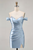 Grey Blue Bodycon Off The Shoulder Ruched Satin Homecoming Dress with Slit