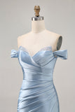 Grey Blue Bodycon Off The Shoulder Ruched Satin Homecoming Dress with Slit