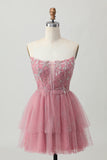 Dusty Rose Strapless A-Line Tiered Tulle Mini Homecoming Dress with Beading