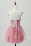 Dusty Rose Strapless A-Line Tiered Tulle Mini Homecoming Dress with Beading
