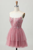 Dusty Rose Strapless A-Line Tiered Tulle Mini Homecoming Dress with Beading