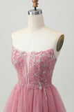 Dusty Rose Strapless A-Line Tiered Tulle Mini Homecoming Dress with Beading