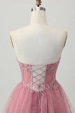 Dusty Rose Strapless A-Line Tiered Tulle Mini Homecoming Dress with Beading