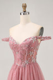 Dusty Rose A Line Off The Shoulder Floral Homecoming Dress