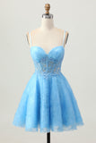 Blue A Line Spaghetti Straps Sequins Short Corset Homecoming Dress with Appliques